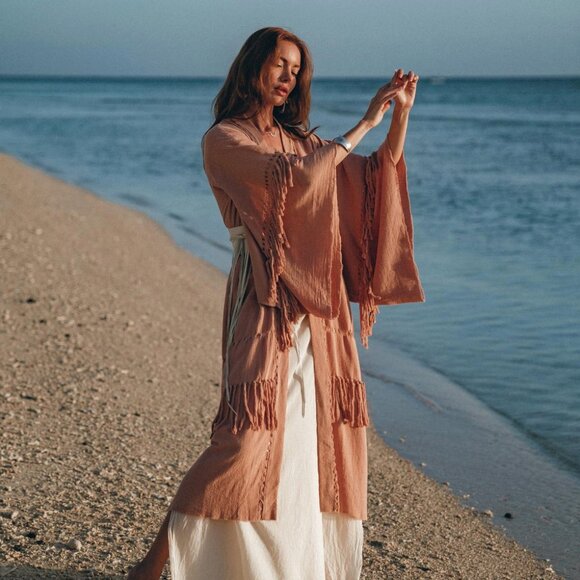 Aya Sacred Wear Boho Kimono Cover Wide Sleeve Cape Tassel Organic Sustainable - Picture 6 of 8